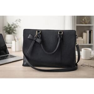 Black Vinyl Laptop Tote Bag with Bow Clip Womens Work Bag